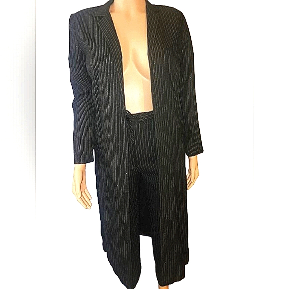 Vintage Black Pinstripe Long Coat and Pants Suit 14
